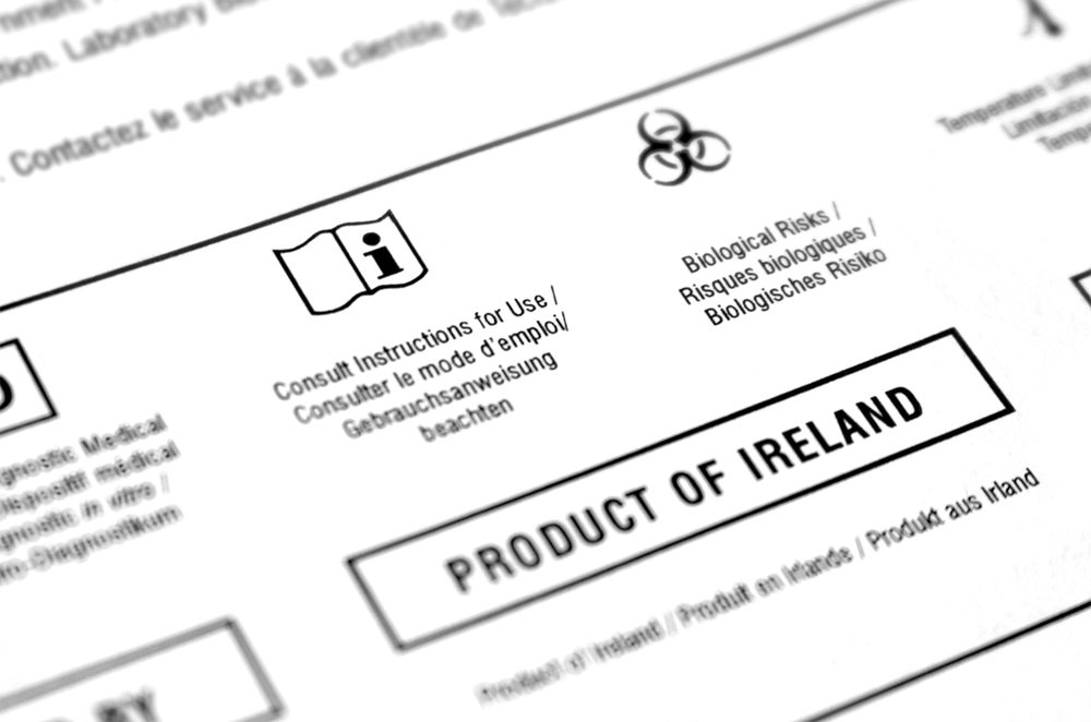 Close up of Multichem IFU, shallow depth of field, focus on 'Product Of Ireland' symbol. 